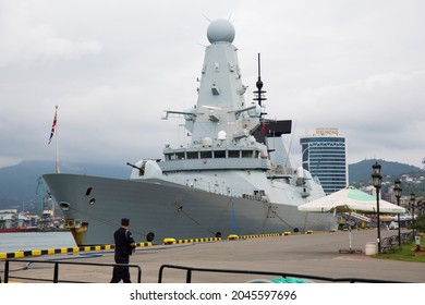 Batumi, Georgia - June 27, 2021, British Navy destroyer HMS Defender is moored in the Georgian port of Batumi