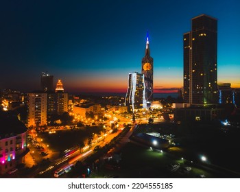 BAtumi Lights City At Night.Tourist Landmark Panorama From Aerial Perspective. Embankment Of Batumi, Georgia.