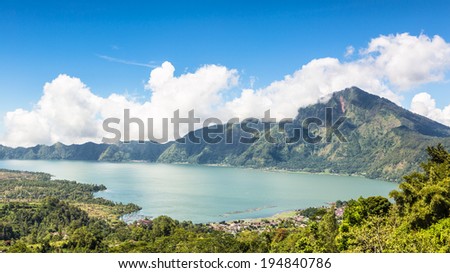 The Batur lake and volcano are in the central mountains in Bali near the Kintamani village, Indonesia.