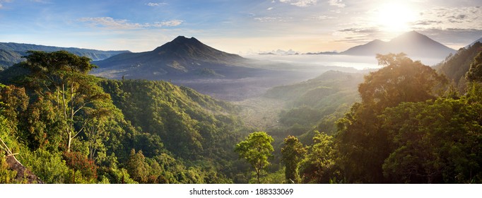 Batur Volcano And Agung Mountain Panoramic View At Sunrise From Kintamani, Bali, Indonesia