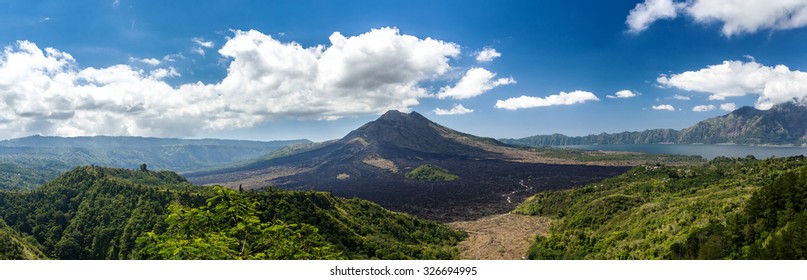 Batur Volcano And Agung Mountain Panoramic View With Blue Sky From Kintamani, Bali, Indonesia