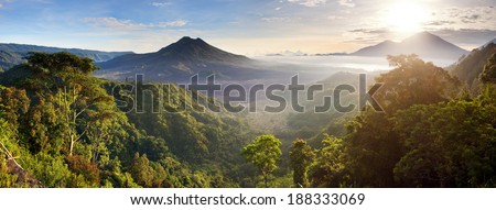 Batur volcano and Agung mountain panoramic view at sunrise from Kintamani, Bali, Indonesia