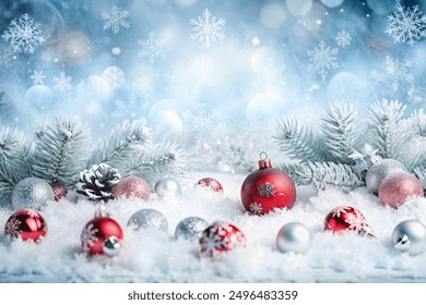 Baubles On Snow With Snowy Christmas Tree - Powered by Shutterstock