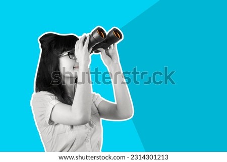 Bautiful Asian woman looking through binoculars collage in magazine style. Contemporary art. Modern design