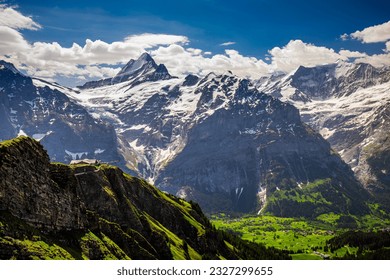 Bautiful view to Grindelwald village from First mountains near Bachalpsee.