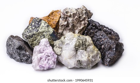 bauxite, pyrolusite, galena, pyrite, chromite, lepidolite, chalcopyrite. Collection of stones extracted in Brazil, mineralogy, Brazilian mineral wealth - Shutterstock ID 1990645931