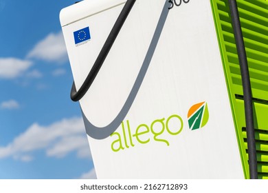 Bavaria, Germany, March 2022: Allego Logo on a Supercharger of a electric car, battery charging station. Supercharger Allego, part of a serie of a expanding car charging network in germany.
