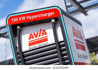 Bavaria, Germany, March 2022: AVIA Logo on a Supercharger of a electric car battery charging station. Supercharger or Hypercharger from AVIA is a part of a expanding car charging network in germany.