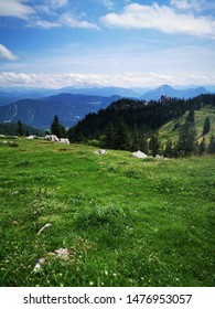 the bavarian alps with view in the valley and blue sky and clouds