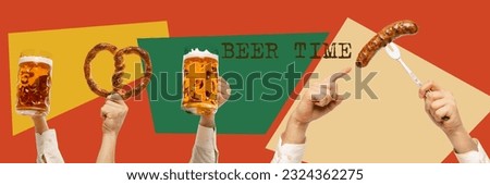 Bavarian traditions. Human hands holding beer mugs, pretzel and grilled sausage. Contemporary art collage.. Concept of alcohol drink, oktoberfest, taste, party, festival and leisure time