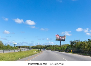 BAVARO, PUNTA CANA, DOMINICAN REPUBLIC - 19 JANUARY 2019: Coco Bongo Advertisement Signboard At The Road