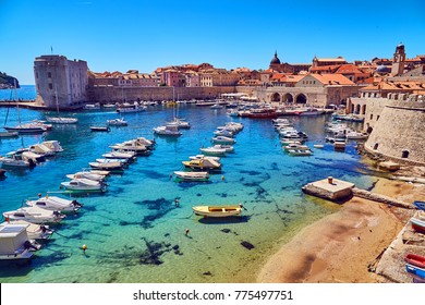 Bay With Boats In Dubrovnik. A Lot Of Boats On The Blue Water. Dubrovnik, Croatia.