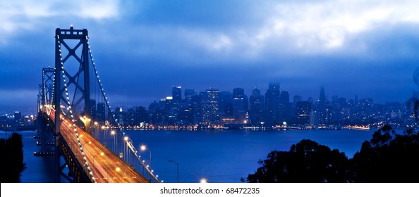 Bay Bridge And San Francisco At Night Panoramic View