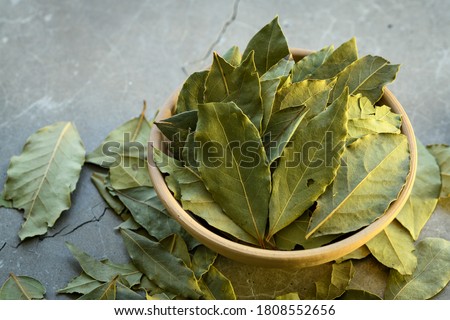 Bay leaves in a clay dish on a concrete worktop