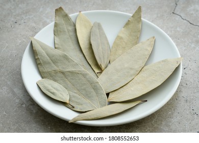 Bay Leaves In The Dish On A Concrete Worktop