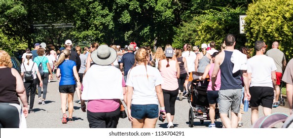 Bay Shore, NY, USA - 16 June 2018: Walkers Line The Road At The Back Of The Run For PWS Fundraising 5K On Local Roads In Bay Shore.