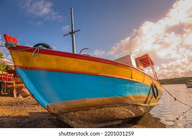 Bay At Sunset With Fishing Trawler Rustic Boats In Porto Seguro, BAHIA, Brazil