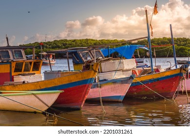 Bay At Sunset With Fishing Trawler Rustic Boats In Porto Seguro, BAHIA, Brazil