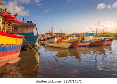 Bay At Sunset With Fishing Trawler Rustic Boats In Porto Seguro, BAHIA, Brazil