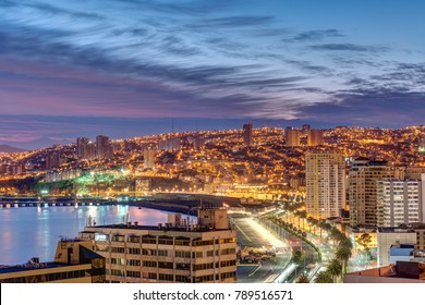 The Bay Of Valparaiso In Chile At Dusk