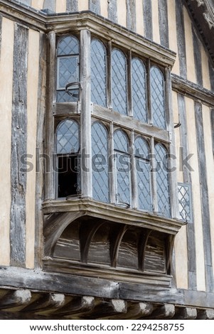 Bay window in an English historic half timbered tudor building dating from the 16th century