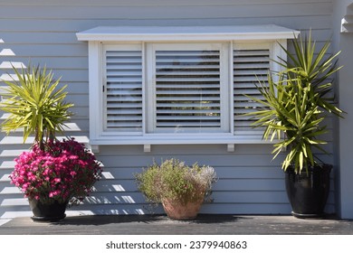 BAY WINDOW PROTRUNING FROM EXTERIOR WALL - A period suburban home with a wooden framed window sitting out with timber supports and roofing above. Plantation shutters and bright colored pot plants - Powered by Shutterstock