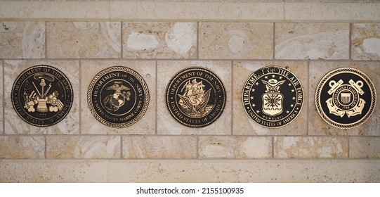 Bayamon, Puerto Rico - May 7, 2022: Seals of each department of the United States military