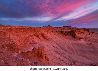Bayanzag flaming cliffs at dawn is a canyon near gobi desert in Mongolia 