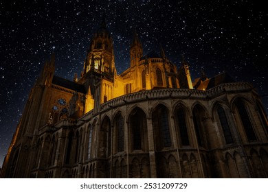 Bayeux Cathedral illuminated under a starry night sky in Normandy, France. Showcases Gothic architecture, historic charm, and celestial beauty of this iconic medieval landmark. - Powered by Shutterstock