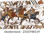 Bayeux tapestry, bayeux, normandy, france. created 11th century after battle of hastings 1066 ad showing norman conquest. cavalry battle and deaths