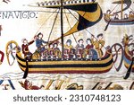 Bayeux tapestry, bayeux, normandy, france. created 11th century right after battle of hastings 1066 ad showing norman conquest. norman invasion ship