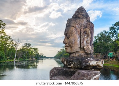 Bayon, Angkor Thom temple, world famous travel destination, Cambodia tourism. Details of Stone faces sculpture and rock carvings. Buddhism meditation concept.
