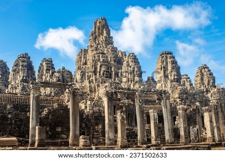 The Bayon is a richly decorated Khmer temple related to Buddhism at Angkor in Cambodia. Built in the late 12th or early 13th century as the state temple of the King Jayavarman VII. 