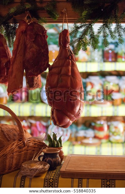 Bayonne hams hanging, Jambon, Porc\
Ham. Jamon serrano. Traditional Spanish ham in the market.\
