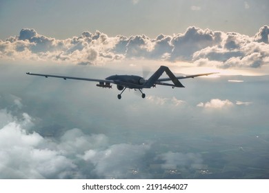 Bayraktar TB2, High-Altitude Long-Endurance, Unmanned Combat Aerial Vehicle. Bayraktar TB2 Unmanned aerial vehicle gliding through the clouds. 