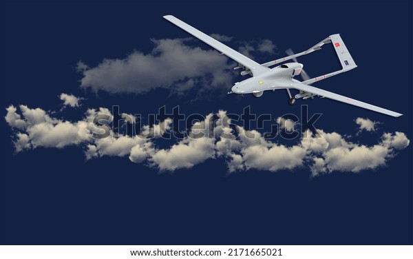 Bayraktar TB2 Unmanned aerial vehicle gliding\
through the clouds.  Bayraktar TB2, High-Altitude Long-Endurance,\
Unmanned Combat Aerial\
Vehicle.