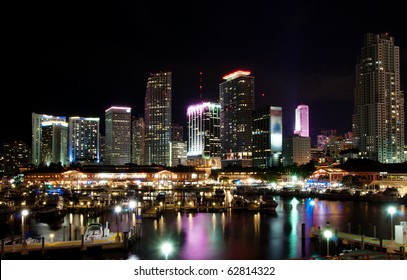 Bayside And The Skyline Of Miami At Night