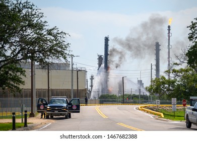 Baytown, Texas - July 31, 2019: Firefighters Battle Blaze After Explosion At The ExxonMobil Baytown Olefins Chemical Plant In Baytown, Near Houston Texas