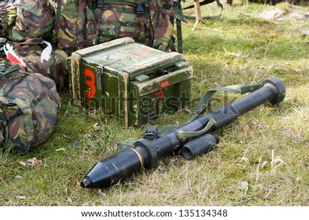 A bazooka lying on the ground during a training of the Dutch special forces