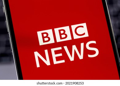 BBC News mobile logo app on screen smartphone iPhone macro. BBC News is an operational business division of the British Broadcasting Corporation. Moscow, Russia - July 20, 2021
