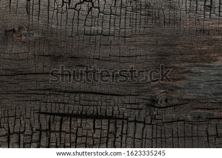 BBQ background. Burnt wooden Board texture. Burned scratched hardwood surface. Smoking wood plank background. Dark brown wooden texture empty horizontal surface, copy  space. Halloween backdrop