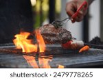 BBQ Barbecue grilled meat stick on fire flame with hot charcoal cooking outside. Beef grilling picnic outdoor with smoke bacon spicy sausage for party. Grill pork bbq on fire flame
