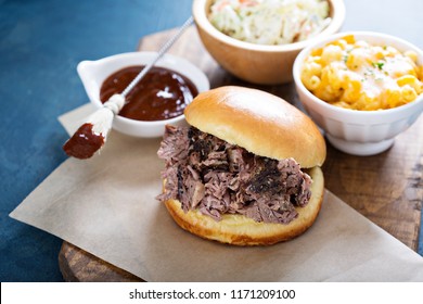 Bbq Brisket Sandwich With Mac And Cheese And Cole Slaw