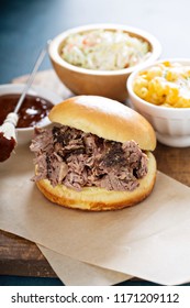 Bbq Brisket Sandwich With Mac And Cheese And Cole Slaw