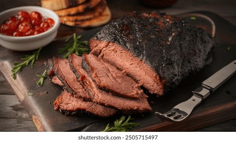 BBQ Brisket: Slow-smoked beef brisket, tender and juicy, with a flavorful bark and smoky aroma - Powered by Shutterstock