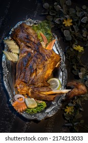 Bbq Chicken Leg Tikka With Salad And Mint Sauce Served In Dish Isolated On Dark Background Top View