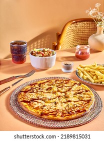 B.B.Q Chicken Pizza With Fried Potatoes And Grilled Chicken With Vegetables And Red Sauce And Soda.