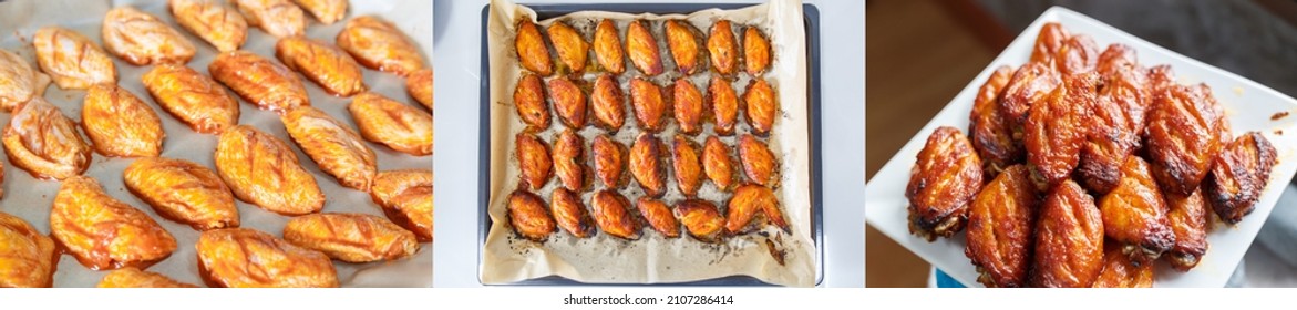 BBQ Chicken Wings Preparation Before Baking And Ready From The Oven On Wax Paper For Baking On A Baking Tray And BBQ Chicken Wings On A White Square Plate.