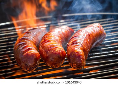 BBQ With Fiery Sausages On The Grill