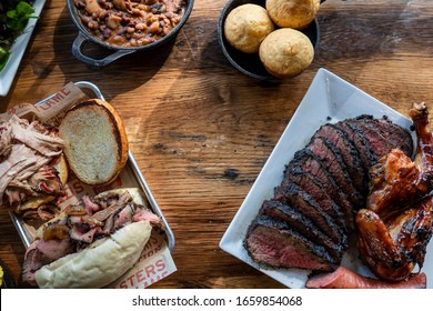 Bbq Food And Sides On Wood Table
Overhead Photo, Spread